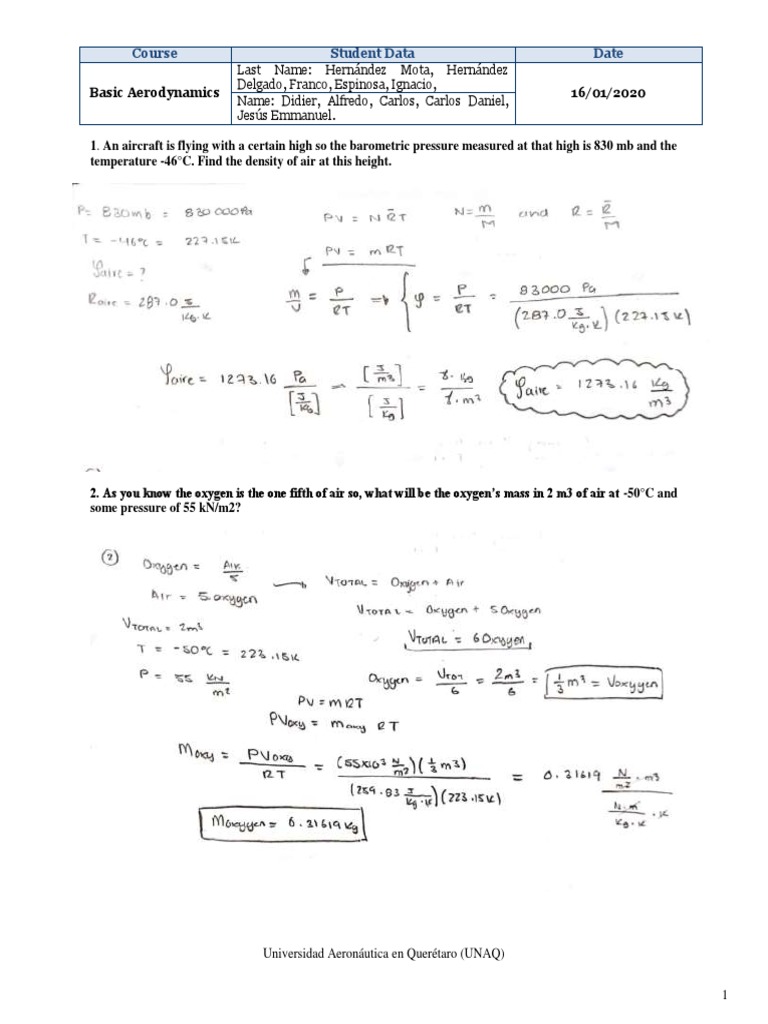 Basic Aerodynamics Coursework Calculating Air Density, Mass, and