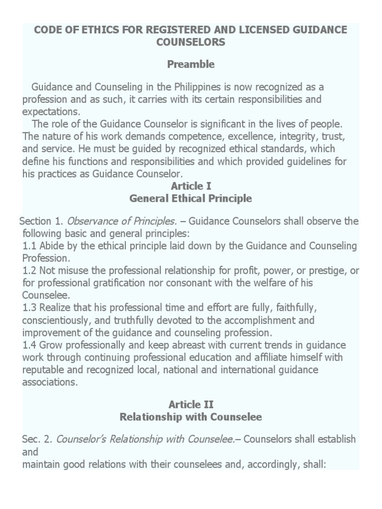 Code of Ethics For Registered and Licensed Guidance Counselors PDF