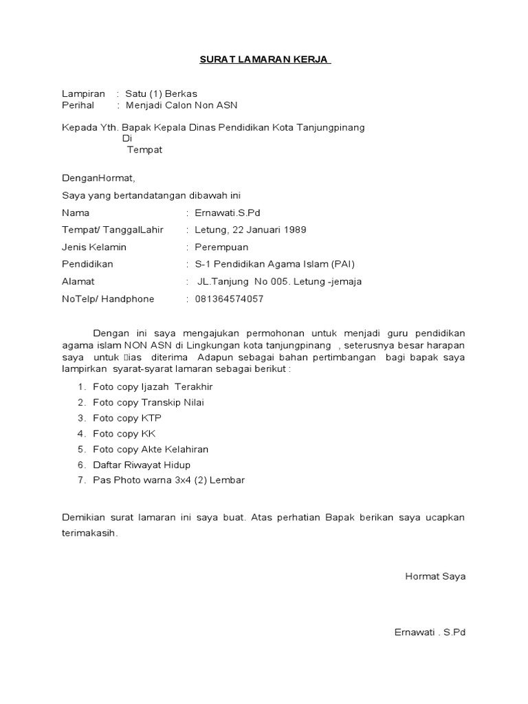 Download 76+ Contoh Surat Surat Lamaran Kerja Non Asn Terbaik Gratis