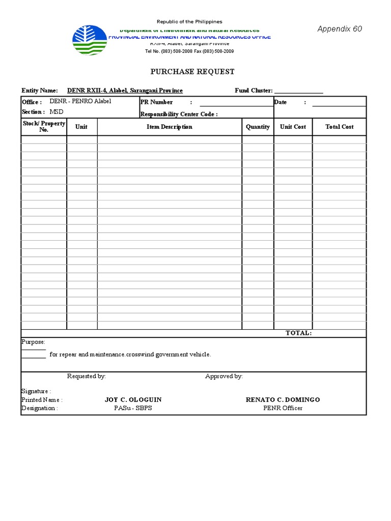 DENR-PENRO Alabel Purchase Request | PDF | Payments | Cheque