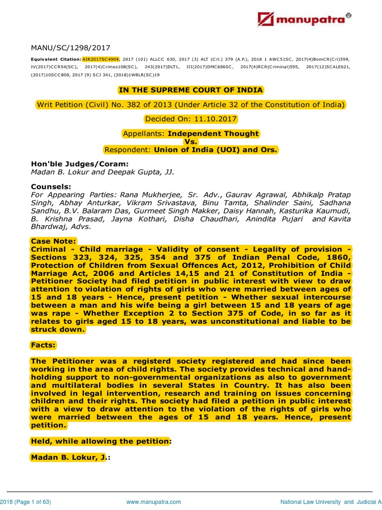 768px x 1024px - Independent Thought Case | PDF | Child Marriage | Rape