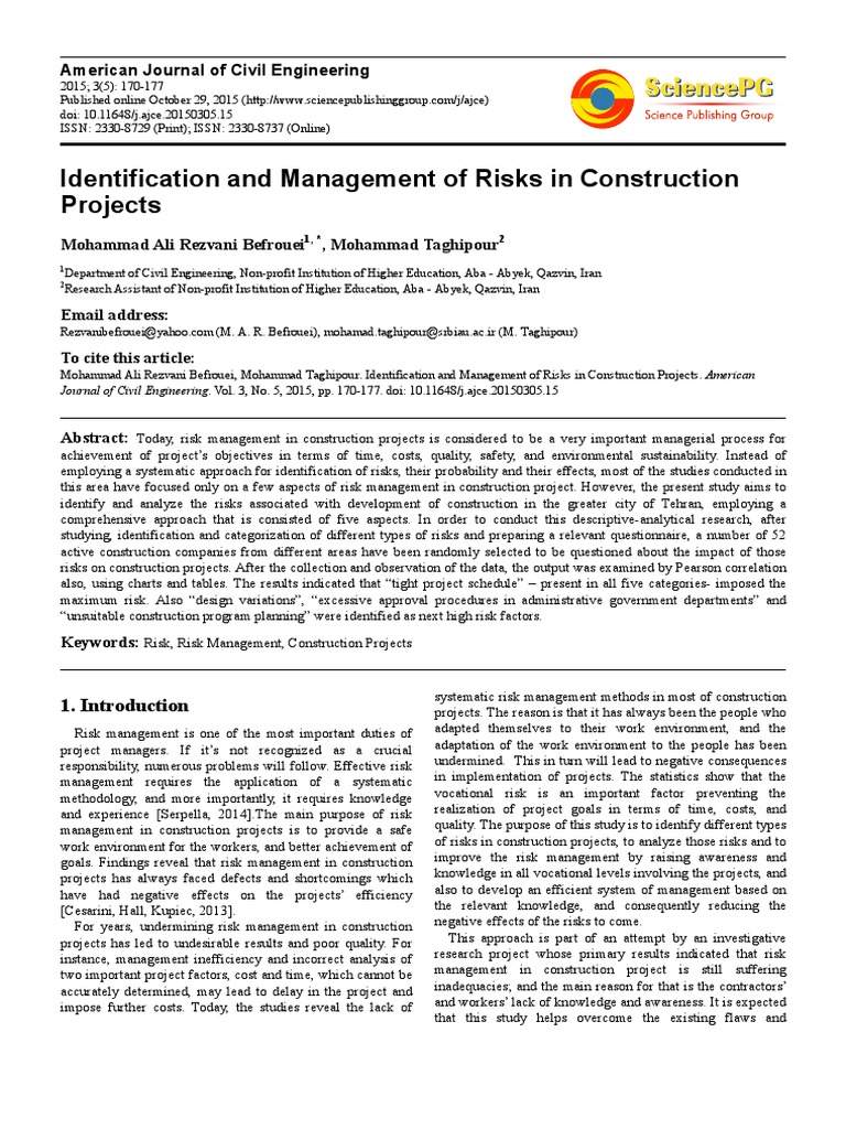 Identification and Management of Risks in Construction Projects | PDF ...