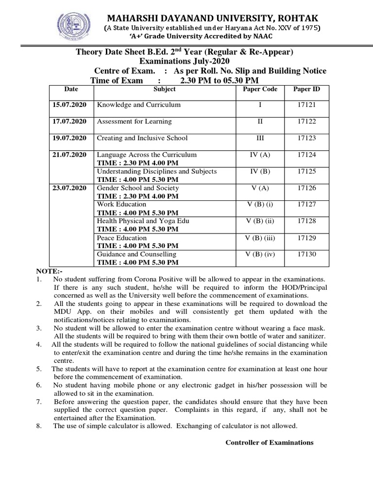 Date Sheet B.Ed. 2nd Year July, 2020 PDF Test (Assessment) Cognition