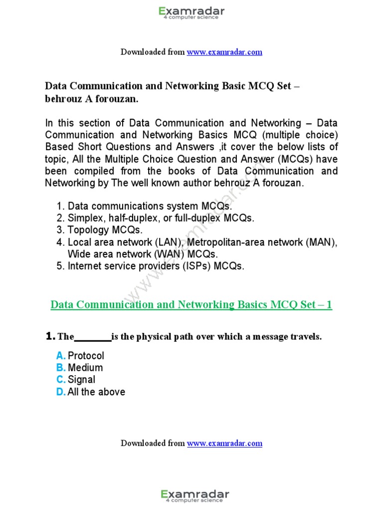 Data communication and networking basic mcq set behrouz a forouzan