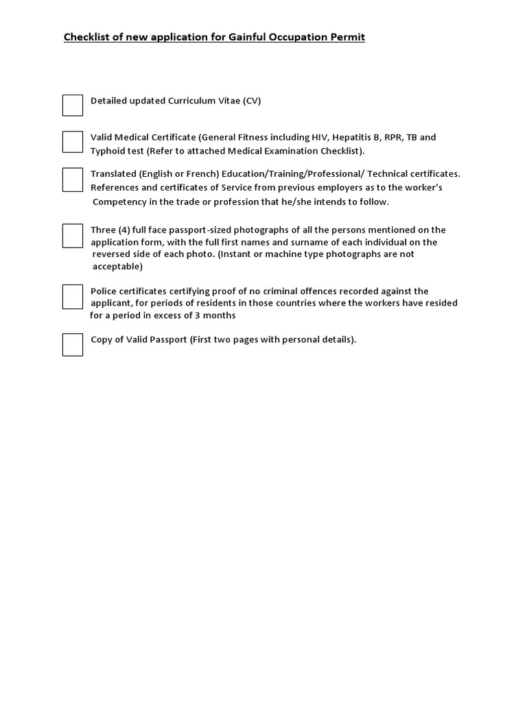 Checklist of New Application For Gainful Occupation Permit | PDF