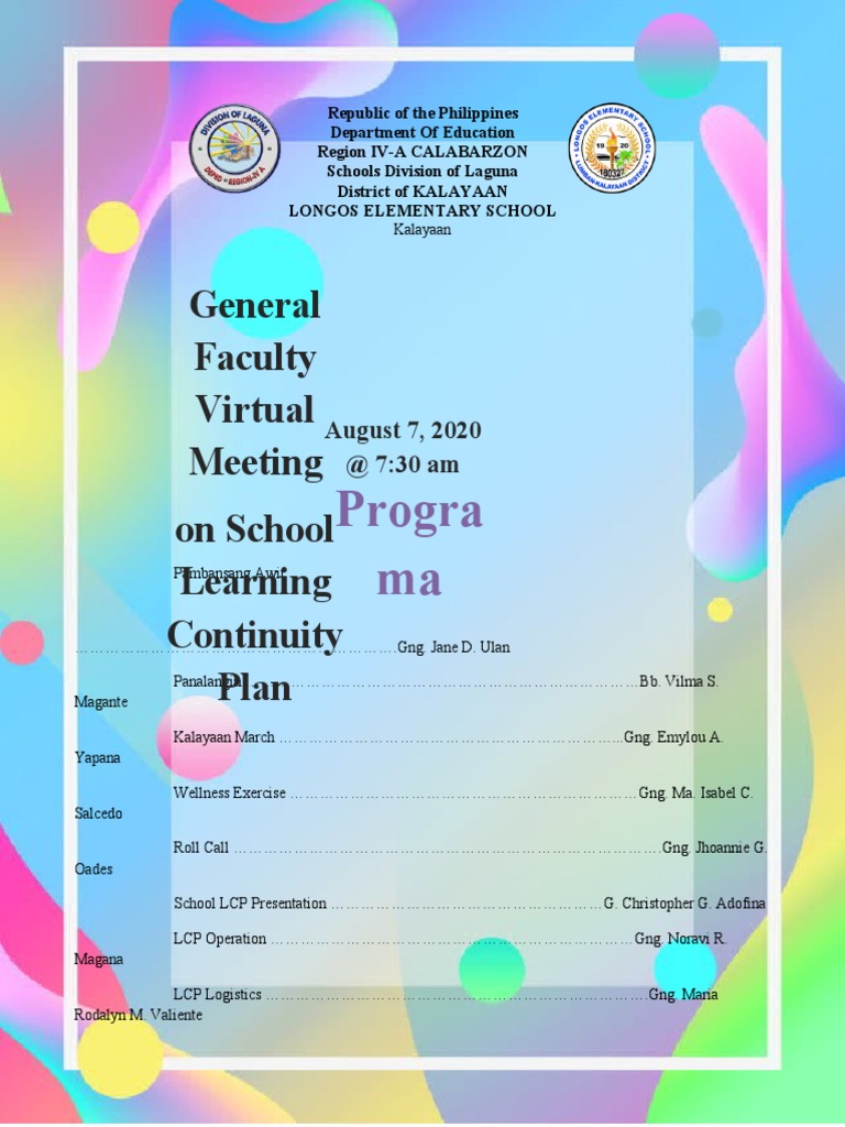 Progra Ma: General Faculty Virtual Meeting On School Learning ...