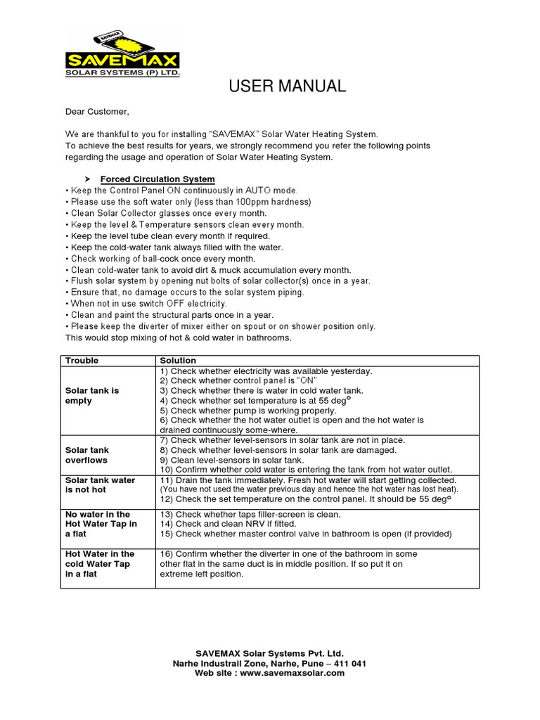 SAVEMAX Forced Circulation Manual | PDF | Tap (Valve) | Water Heating