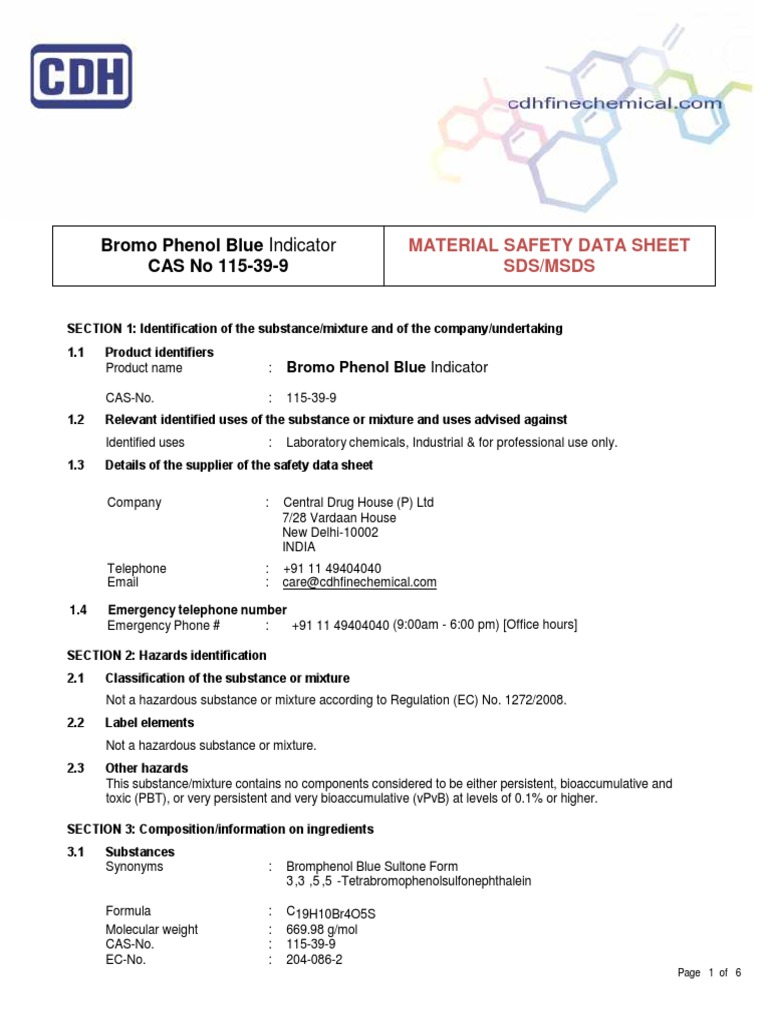 Bromo Phenol Blue Indicator CAS No 115-39-9: Material Safety Data Sheet ...