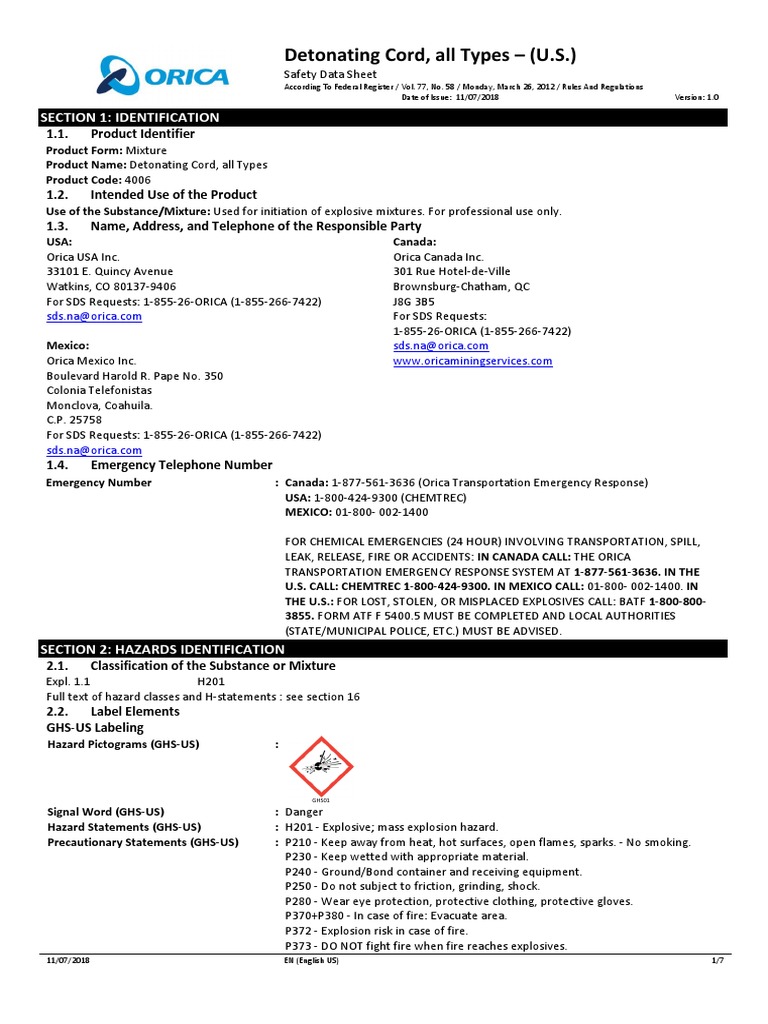 United States Detonating Cord All Types SDS US 110718