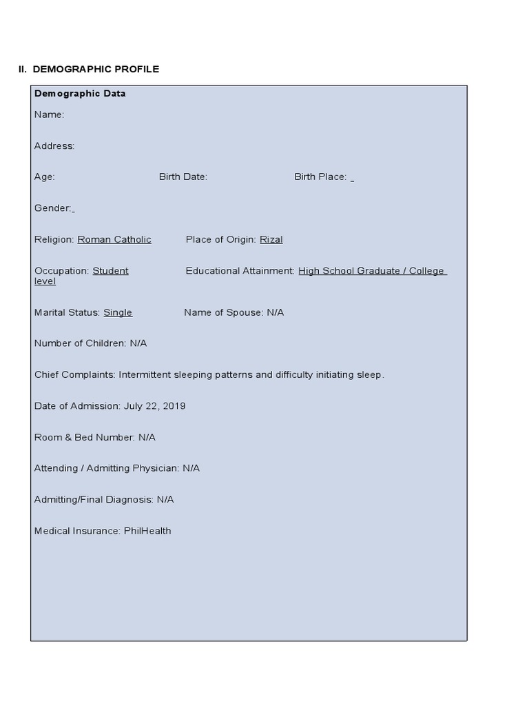 Ii. Demographic Profile Demographic Data | PDF | Self Esteem | Sleep