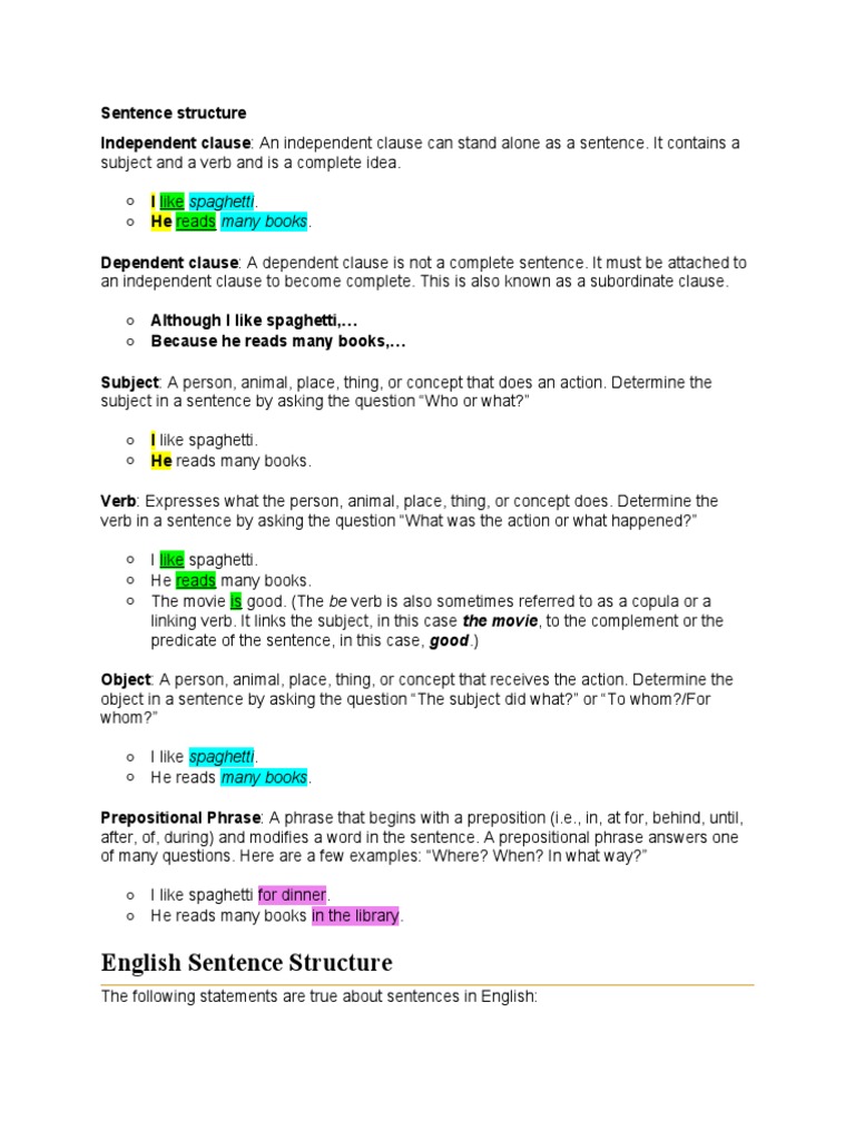 English Sentence Structure | PDF | Sentence (Linguistics) | Subject ...