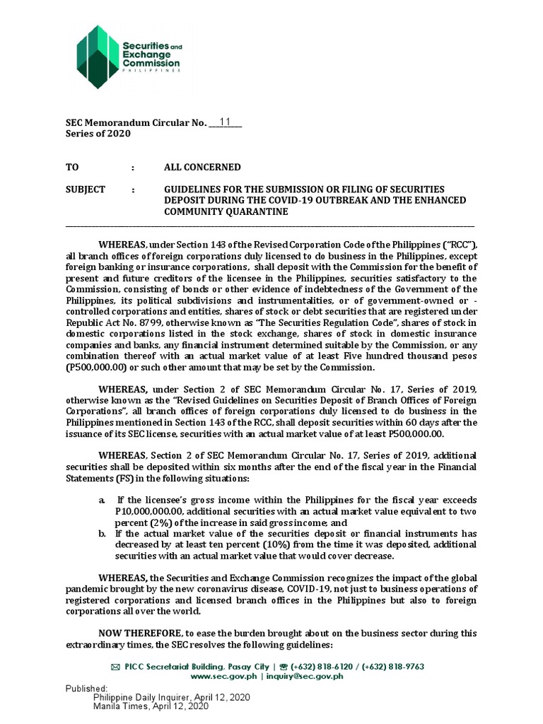 SEC Guidelines for Securities Deposit 2020 | PDF | Securities (Finance ...