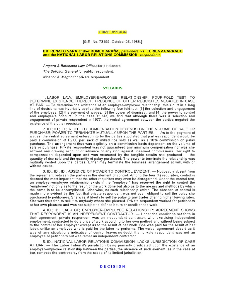 II.1 CASES Existence of Employer Employee Relationship PDF Independent Contractor Employment