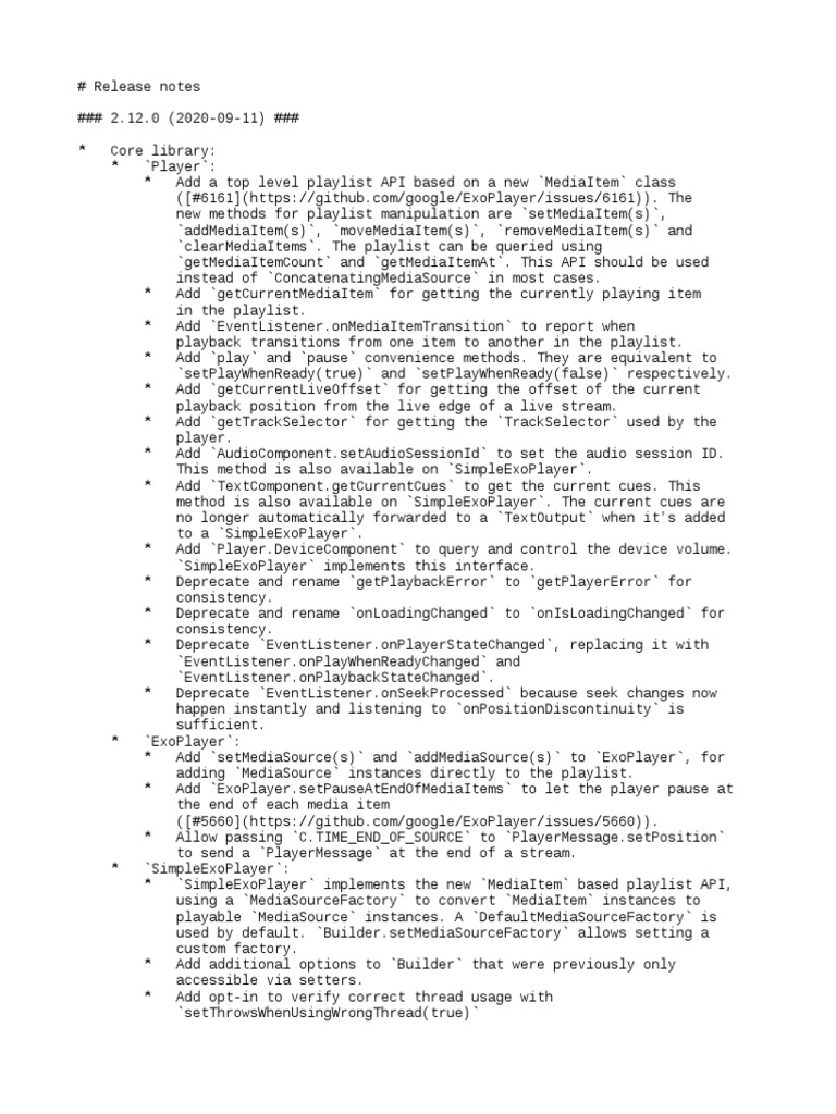 ExoPlayer Release Notes 2.12.0 | PDF | Application Programming ...