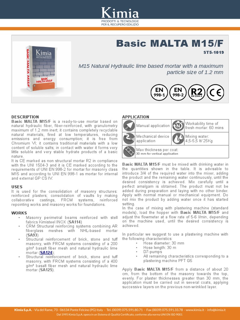 Technical Data Sheet for Basic MALTA M15/F Natural Hydraulic Lime Based Mortar PDF Mortar