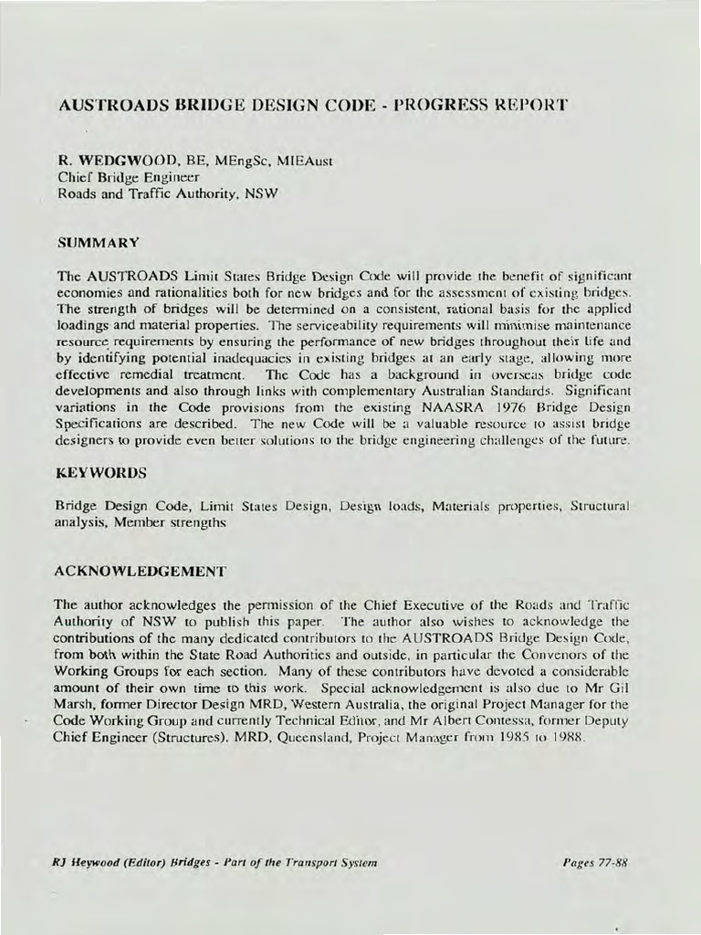 Austroads Bridge Design Code Progress Report R. Wedgwood, Be, Mengsc