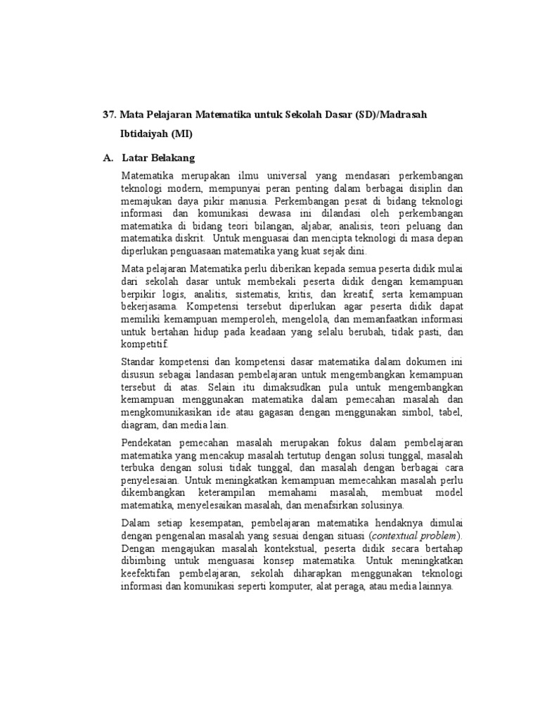 Standar Kompetensi Matematika SD/MI | PDF | Metode & Bahan Ajar