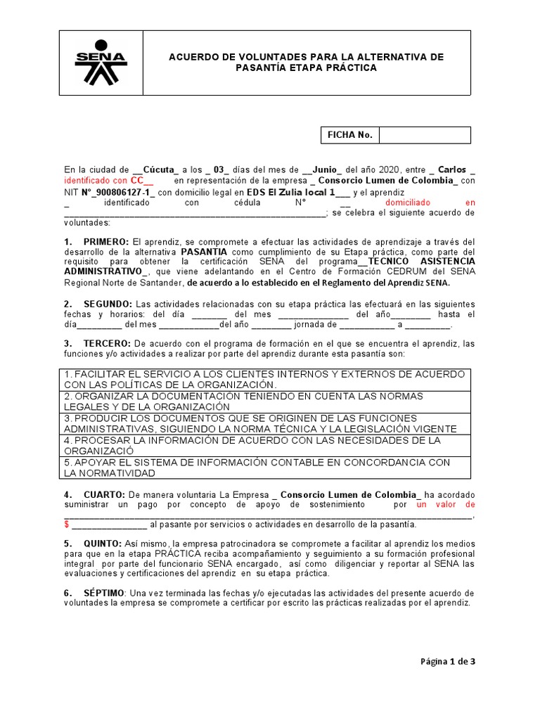 Formato Acuerdo de Voluntades para Pasantia | PDF | Business | Educación  avanzada