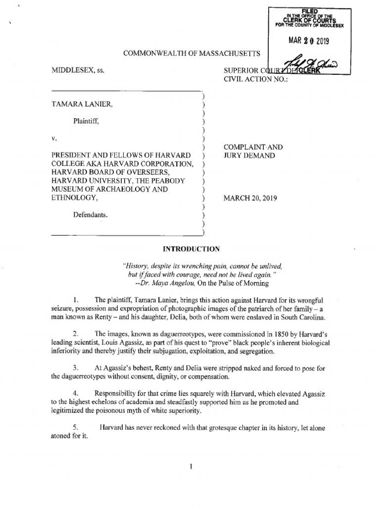 Tamara Lanier Lawsuit Against Harvard Over Slave Photos PDF
