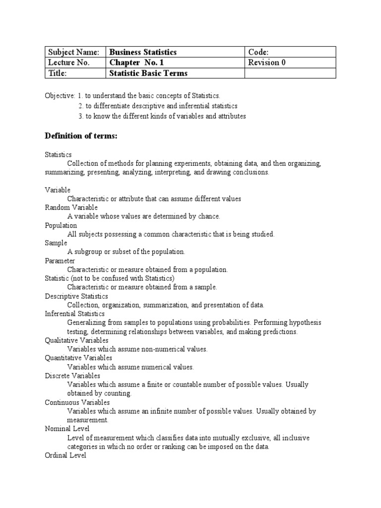 Basic Statistics Chapter 1 | PDF | Sampling (Statistics) | Level Of ...