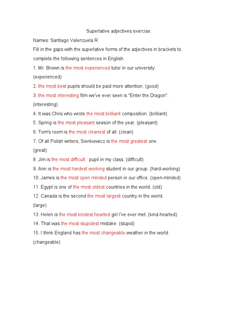 Superlative Adjectives Exercise | PDF