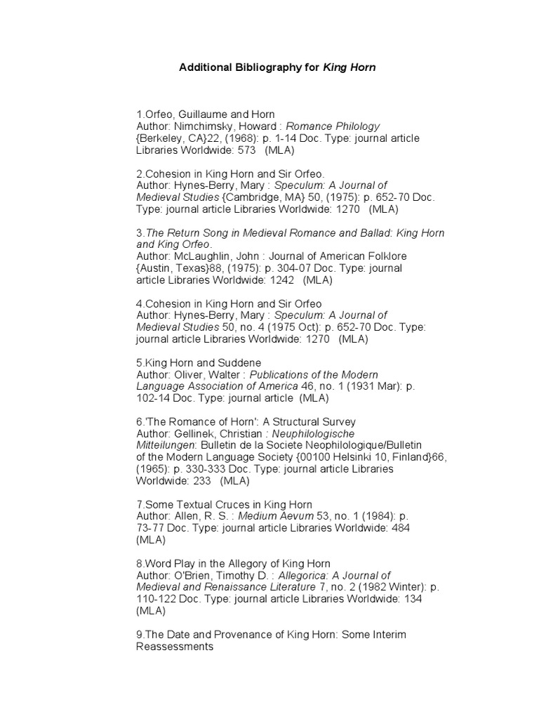 Additional Bibliography For King Horn PDF Middle Ages