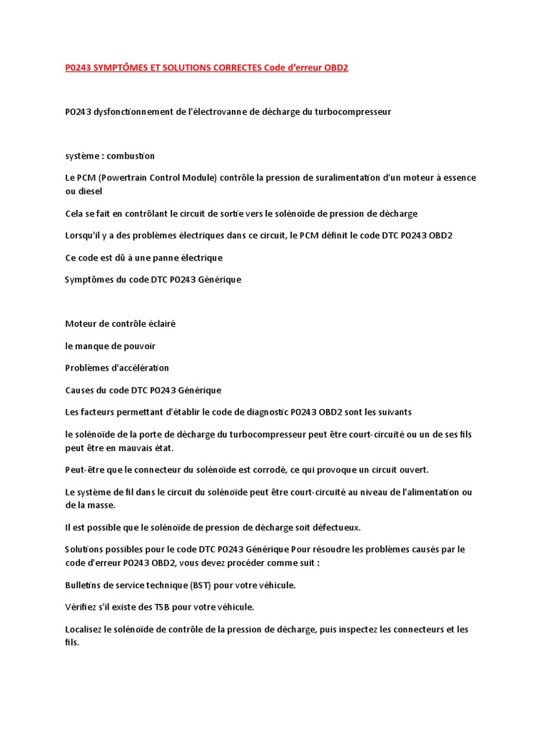 Code P0243 : Symptômes et Solutions | PDF | Turbocompresseur ...