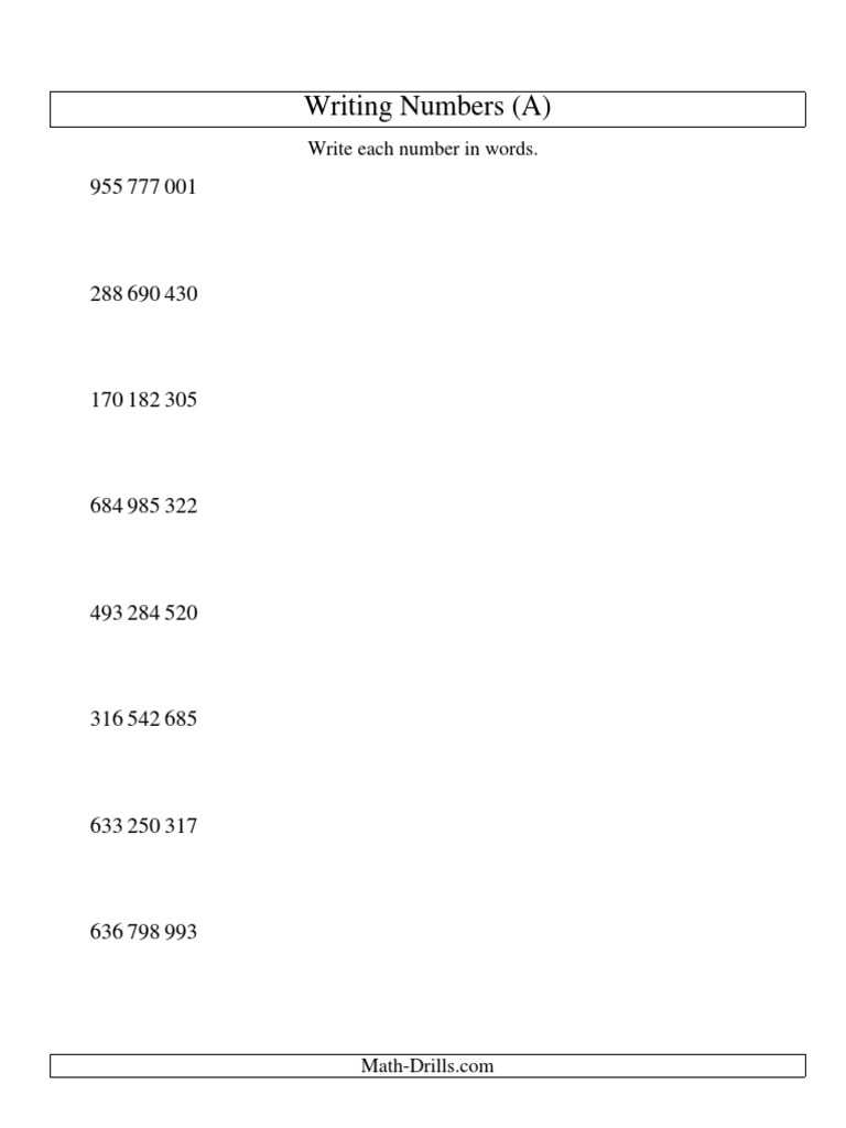 Writing Numbers A Write Each Number In Words PDF