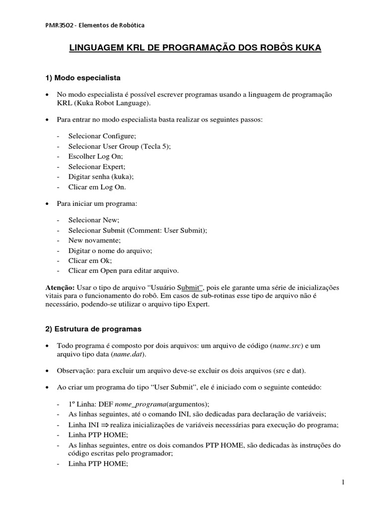 Introdução à Linguagem KRL Kuka | PDF | Método (programação de ...
