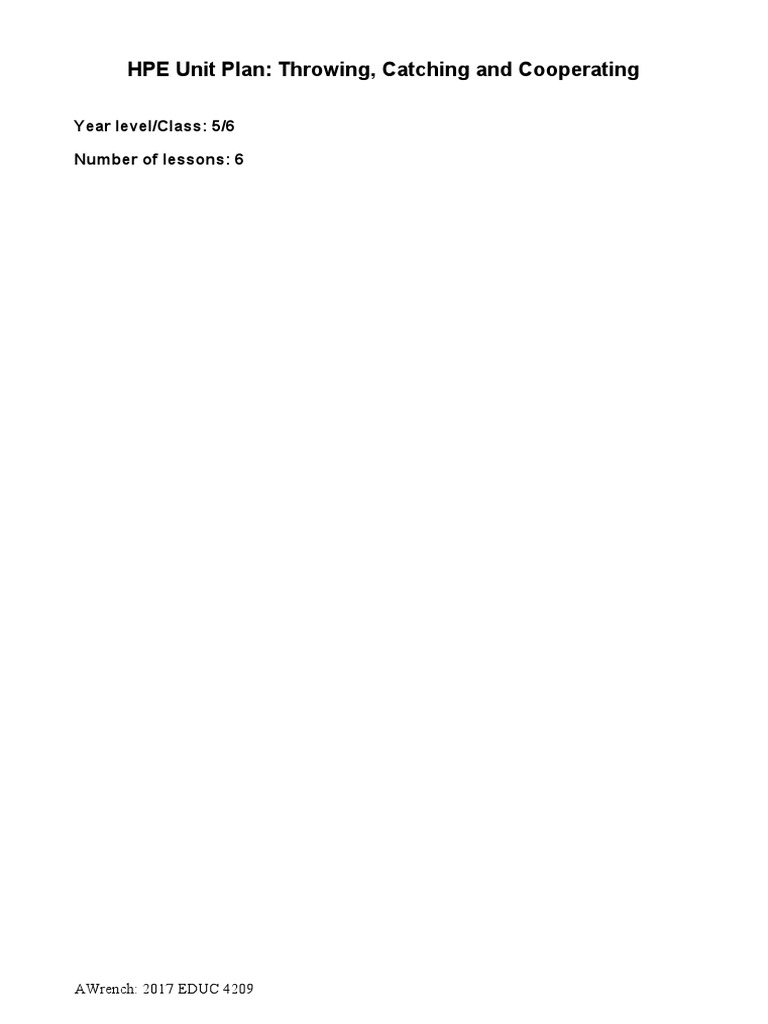 HPE Unit Plan Throwing, Catching and Cooperating Year Level/class 5/