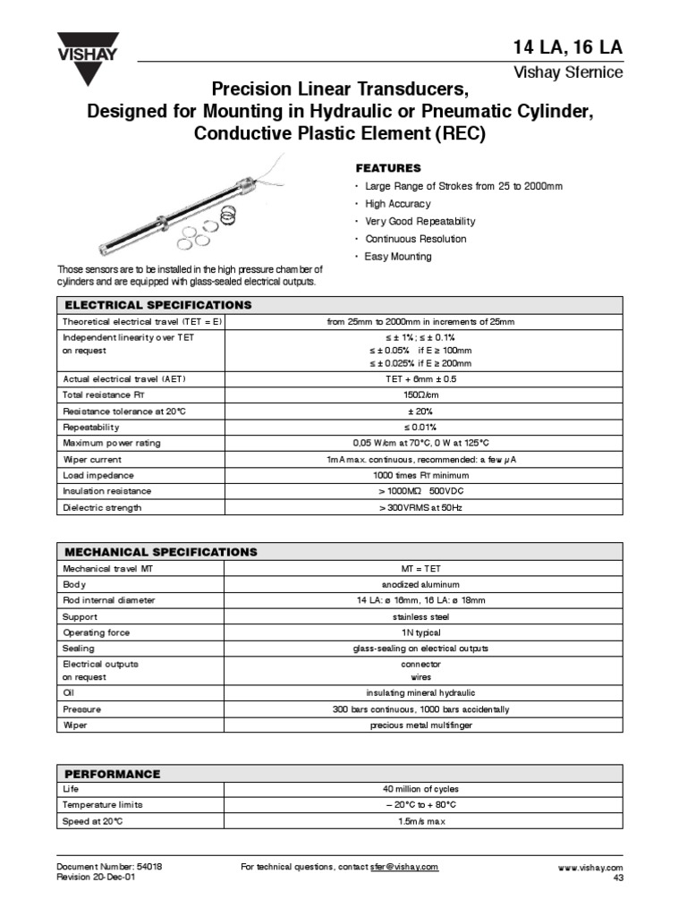 14 LA, 16 LA Precision Linear Transducers, Designed For Mounting in Hydraulic or Pneumatic