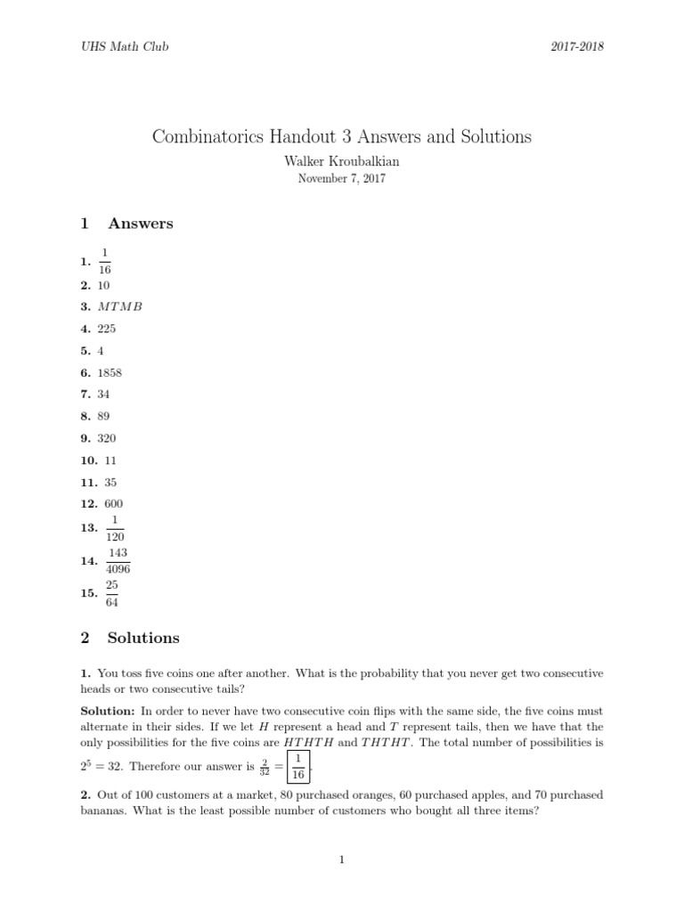 Combinatorics 3 Solutions UHSMC PDF Elementary Mathematics