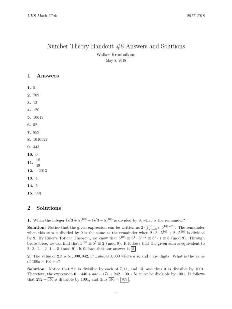 Number Theory Solutions 2017-18 | PDF | Factorization | Numbers