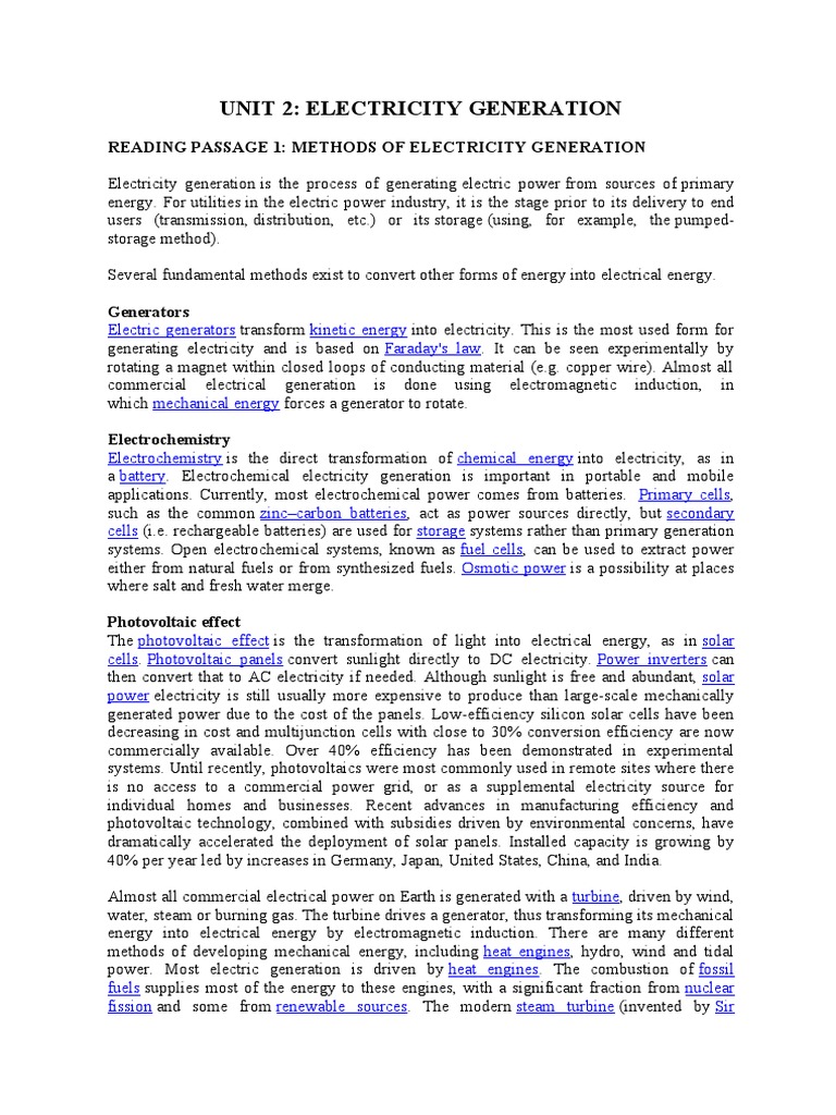 Unit 2 Electricity Generation PDF Electricity Generation Physical