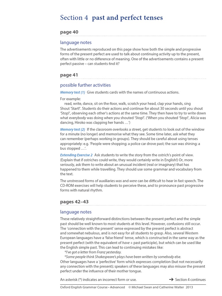 Section 4 Past and Perfect Tenses: Language Notes | PDF | Perfect ...