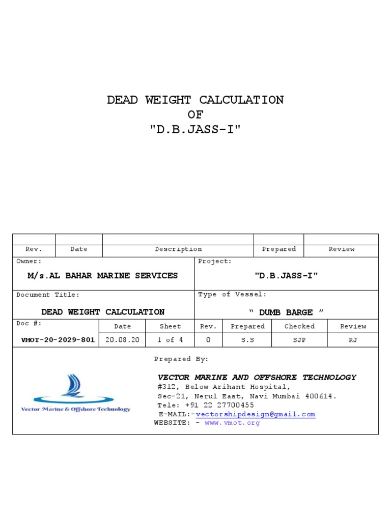 Dead Weight Calculation for D.B.JASS-I | PDF | Tonnage | Ships