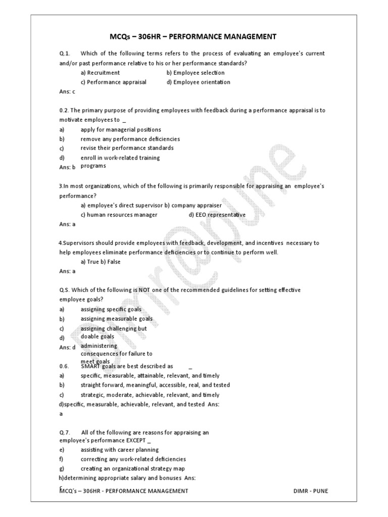 Performance Management MCQs and Answers | PDF | Performance Appraisal ...