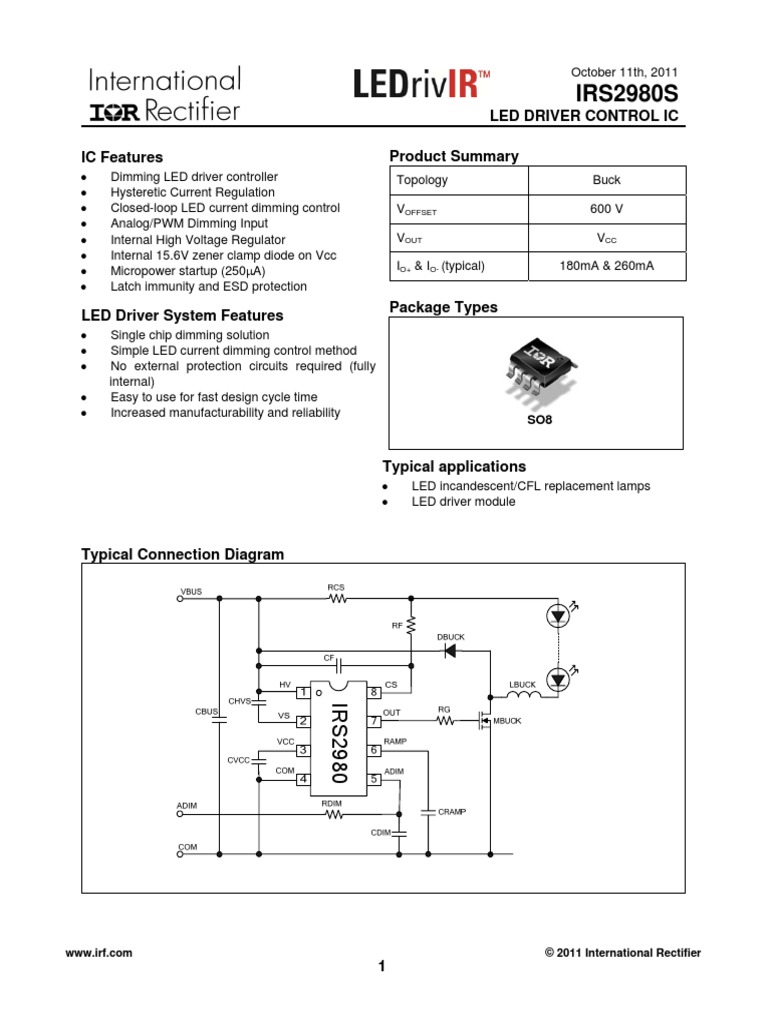 IRS2980S Led Driver Control Ic IC Features Product Summary PDF Rectifier Electrical Equipment