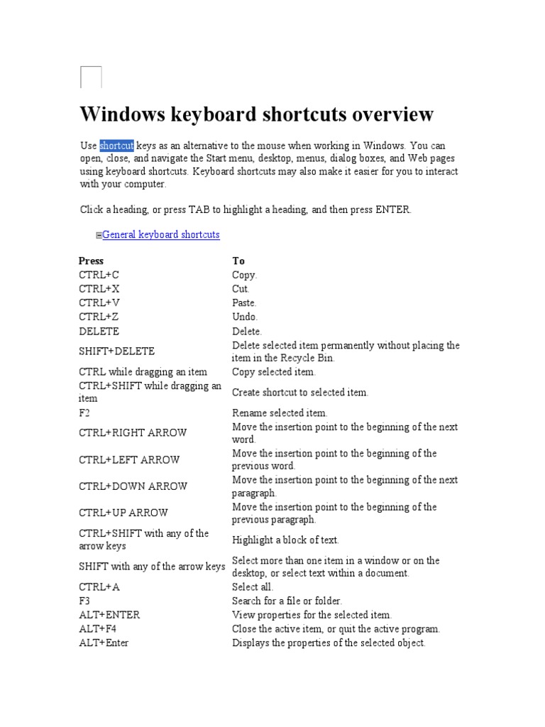 Windows Keyboard Shortcuts Overview | Download Free PDF | Computer ...