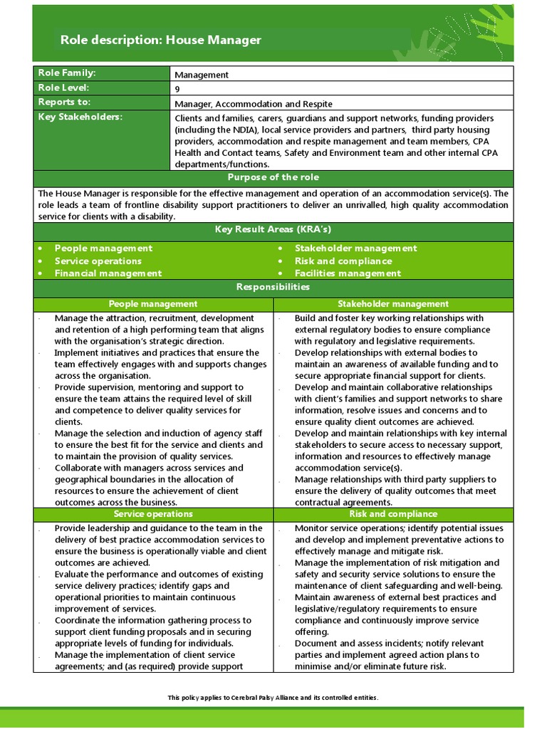 Role Description: House Manager: Role Family: Role Level: Reports To ...