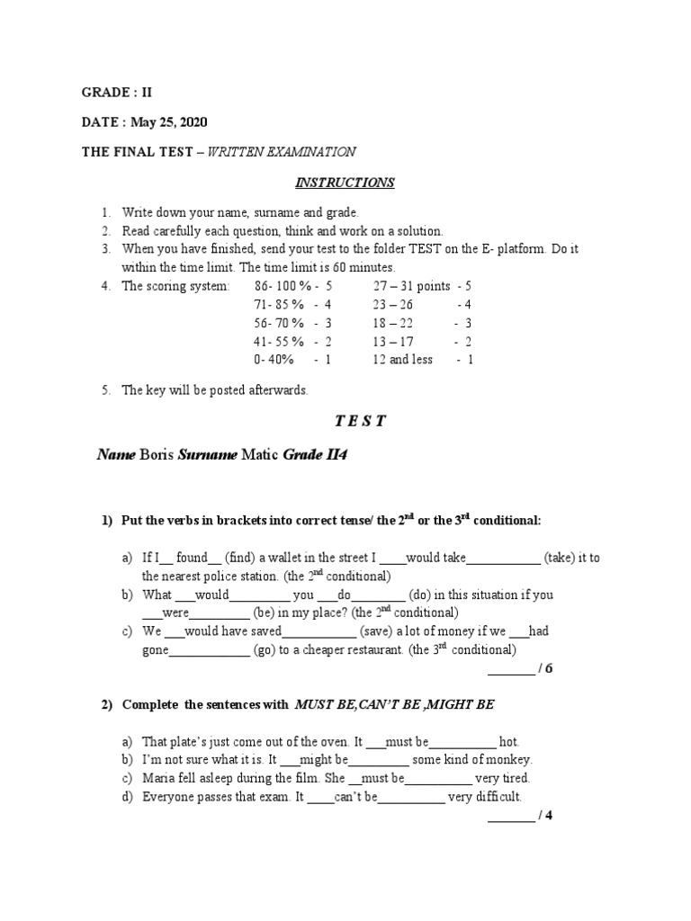 Finalni Test Iz Engleskog Jezika PDF Syntax Morphology