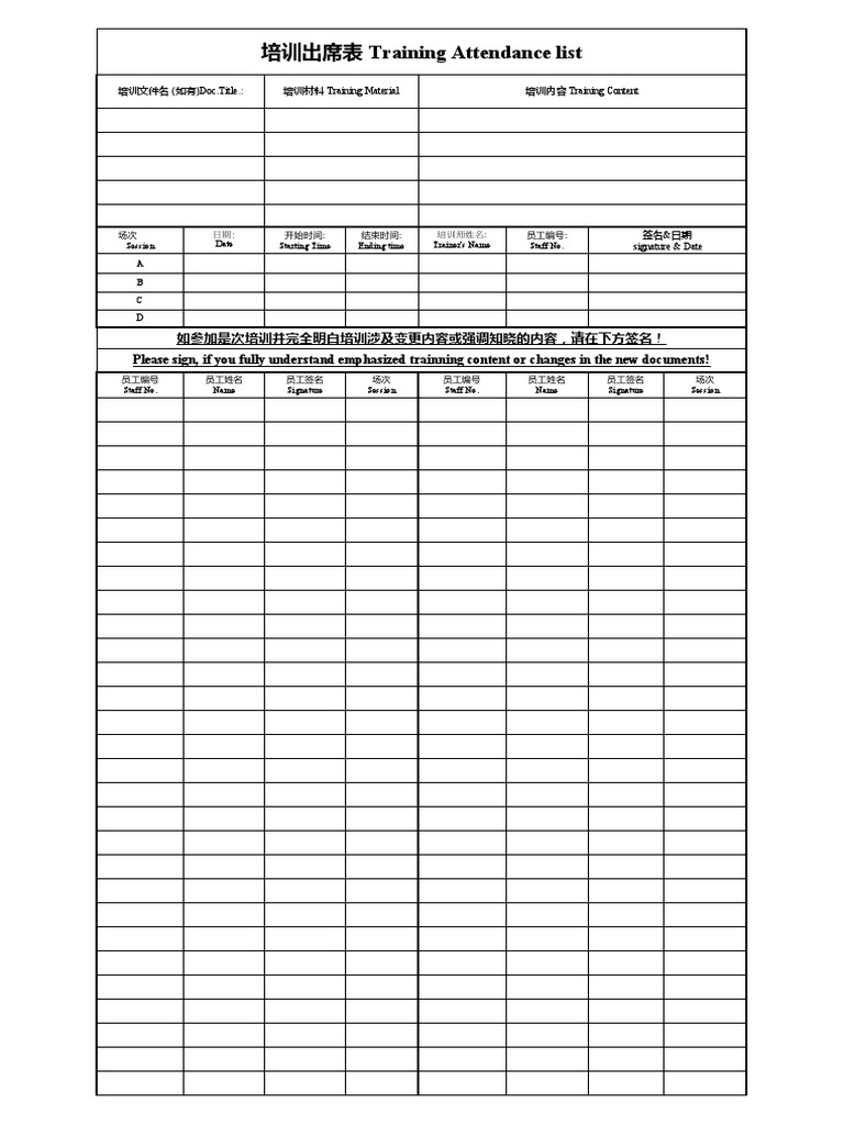 Training Attendance List Template