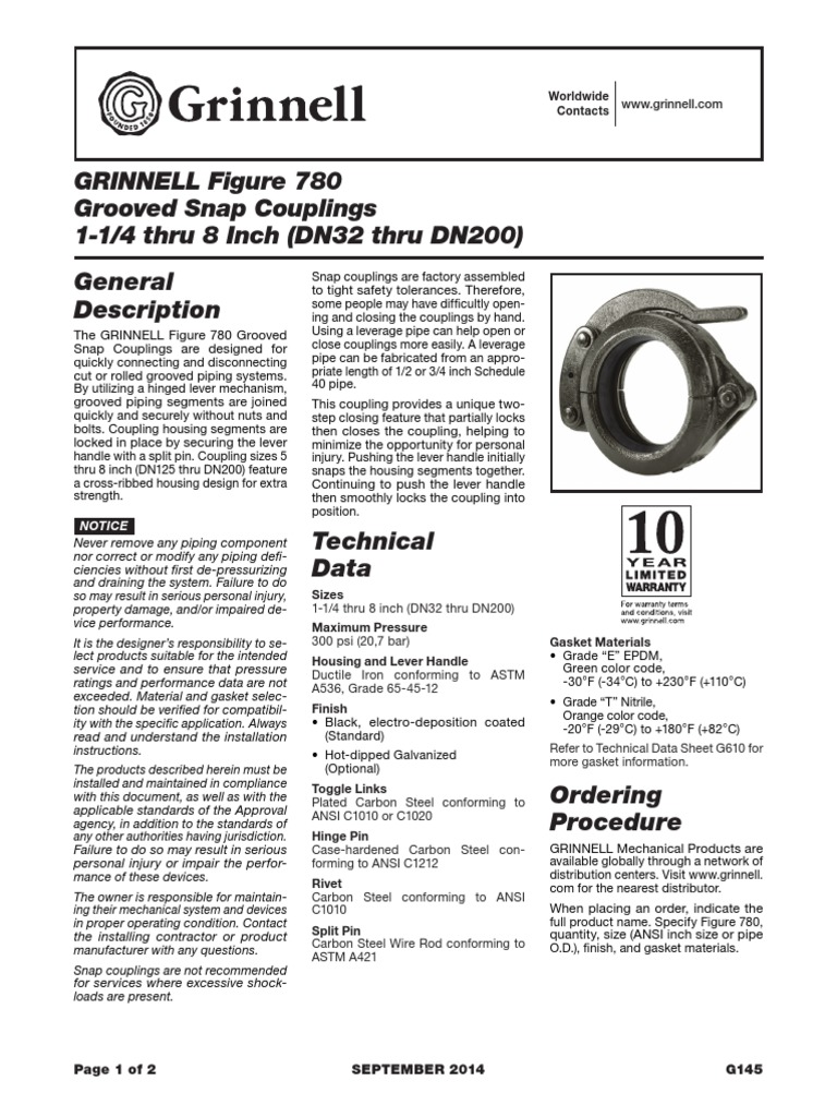 GRINNELL Figure 780 Grooved Snap Couplings 11/4 Thru 8 Inch (DN32 Thru