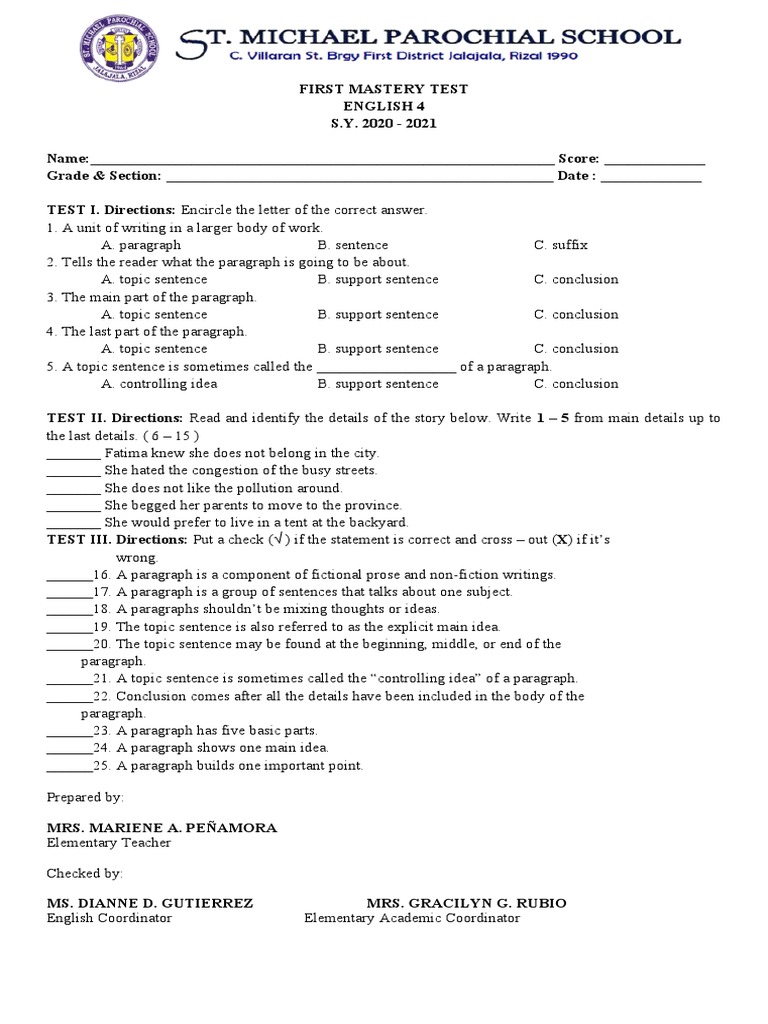 English Mastery Test Overview | PDF | Paragraph | Learning