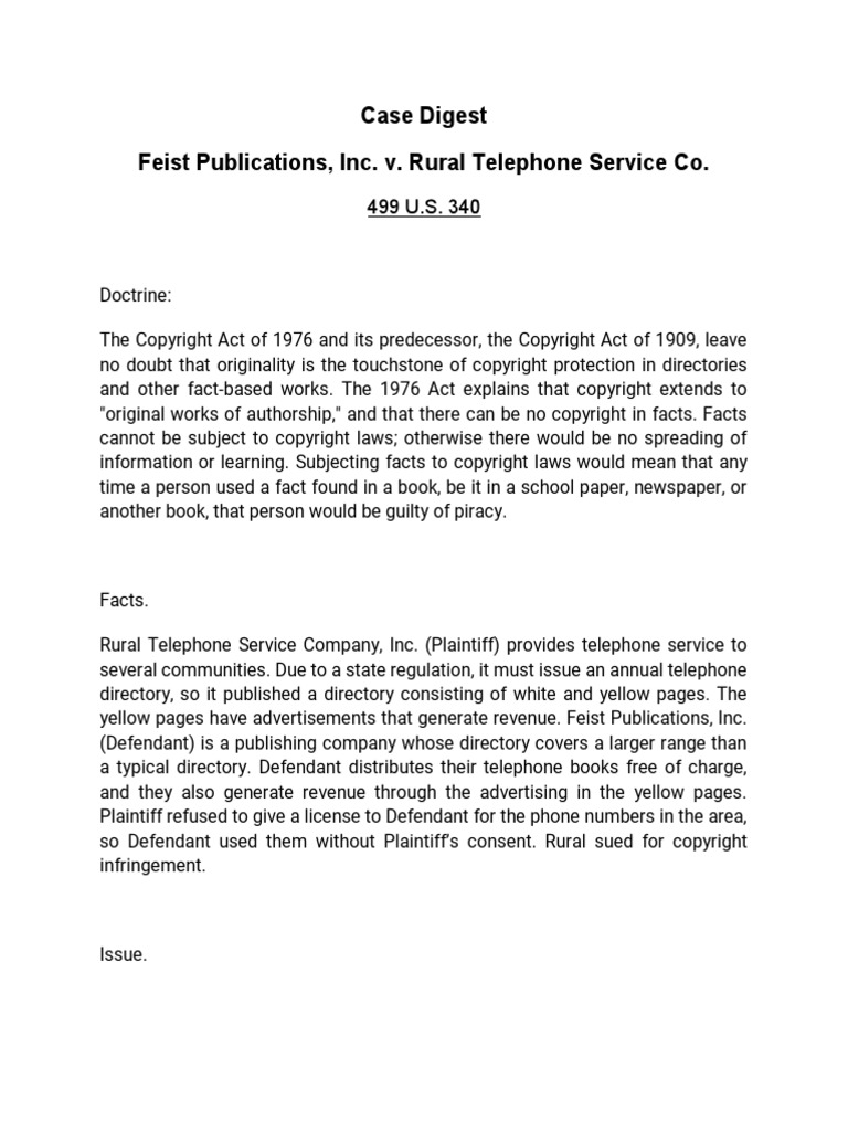 Case Digest Feist Publications, Inc. v. Rural Telephone Service Co