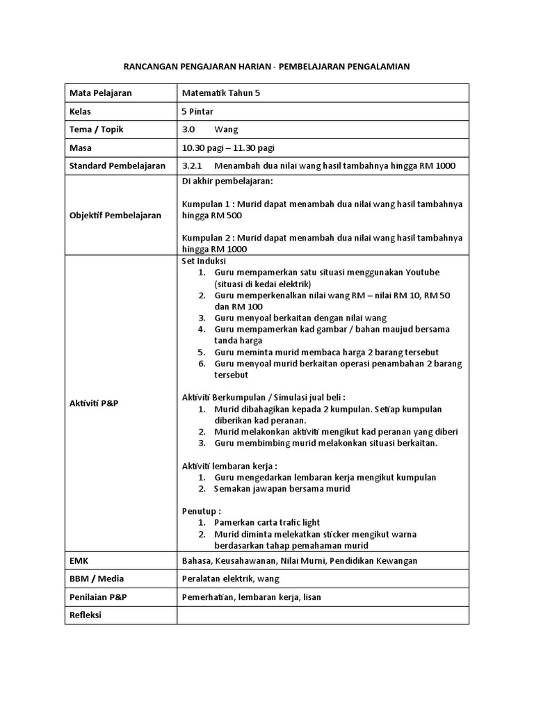 Rancangan Pengajaran Harian Matematik Pdf