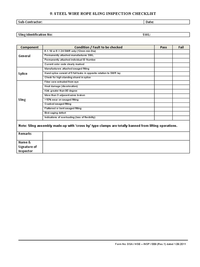 Steel Wire Rope Sling Inspection Checklist | PDF