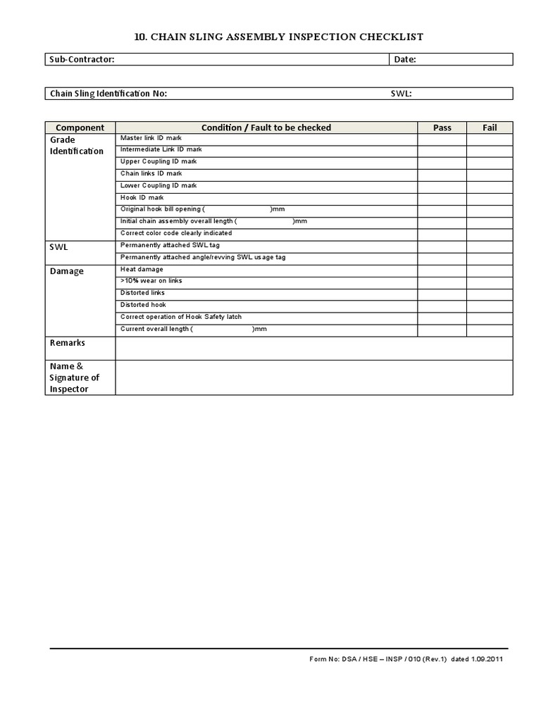 Chain Sling Inspection Checklist | PDF | Technology & Engineering