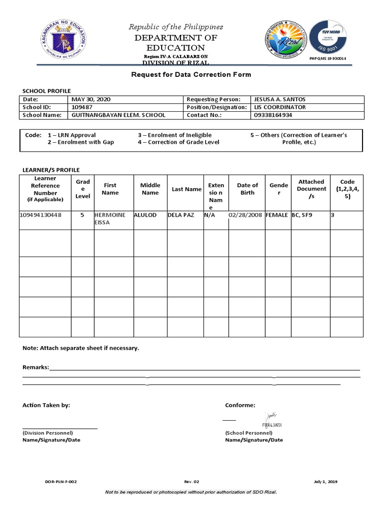 Data Correction Request Form for Schools | PDF | Computing | Business