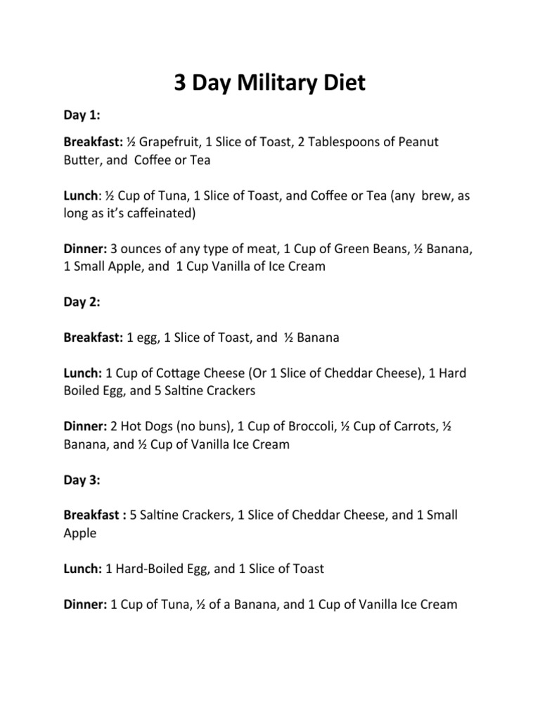 3-Day Military Diet Menu Guide | PDF
